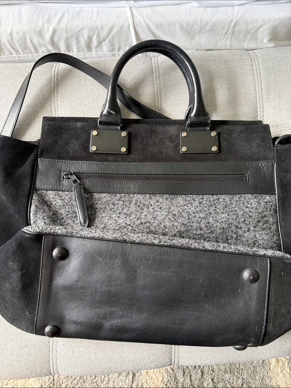 rag & bone Medium Pilot Black Leather and Gray Wool Messenger Tote - Picture 7 of 8